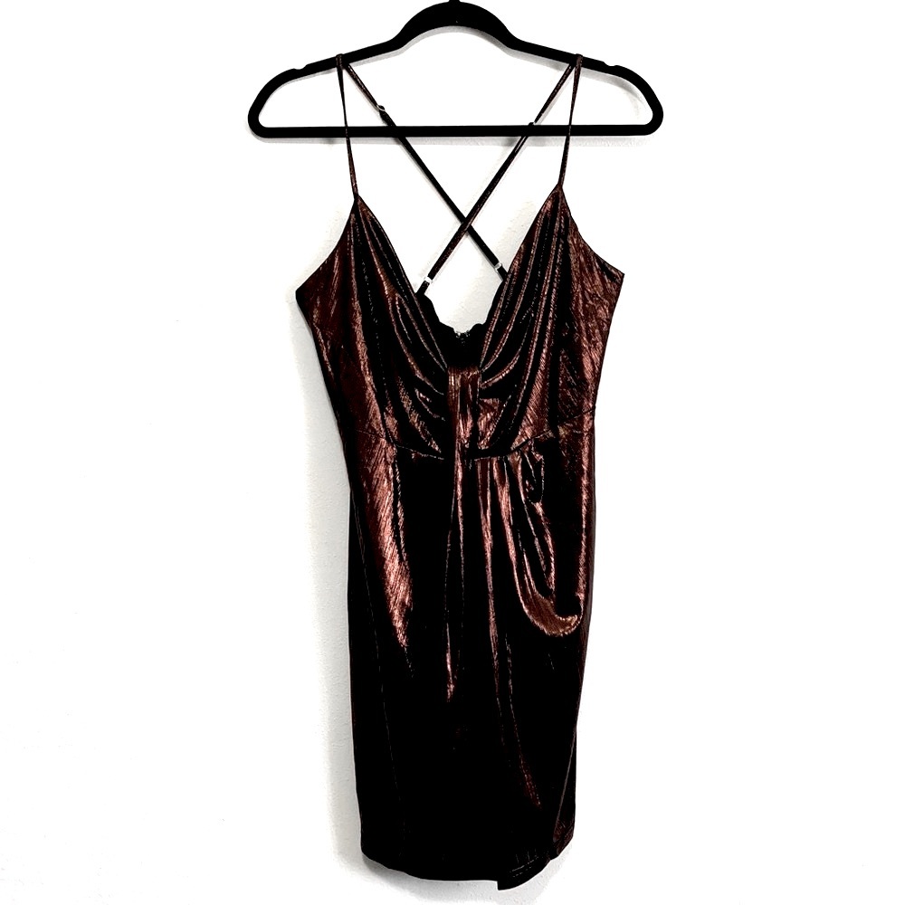 Lulu’s Shimmery Copper Metallic Holiday Party Mini Dress